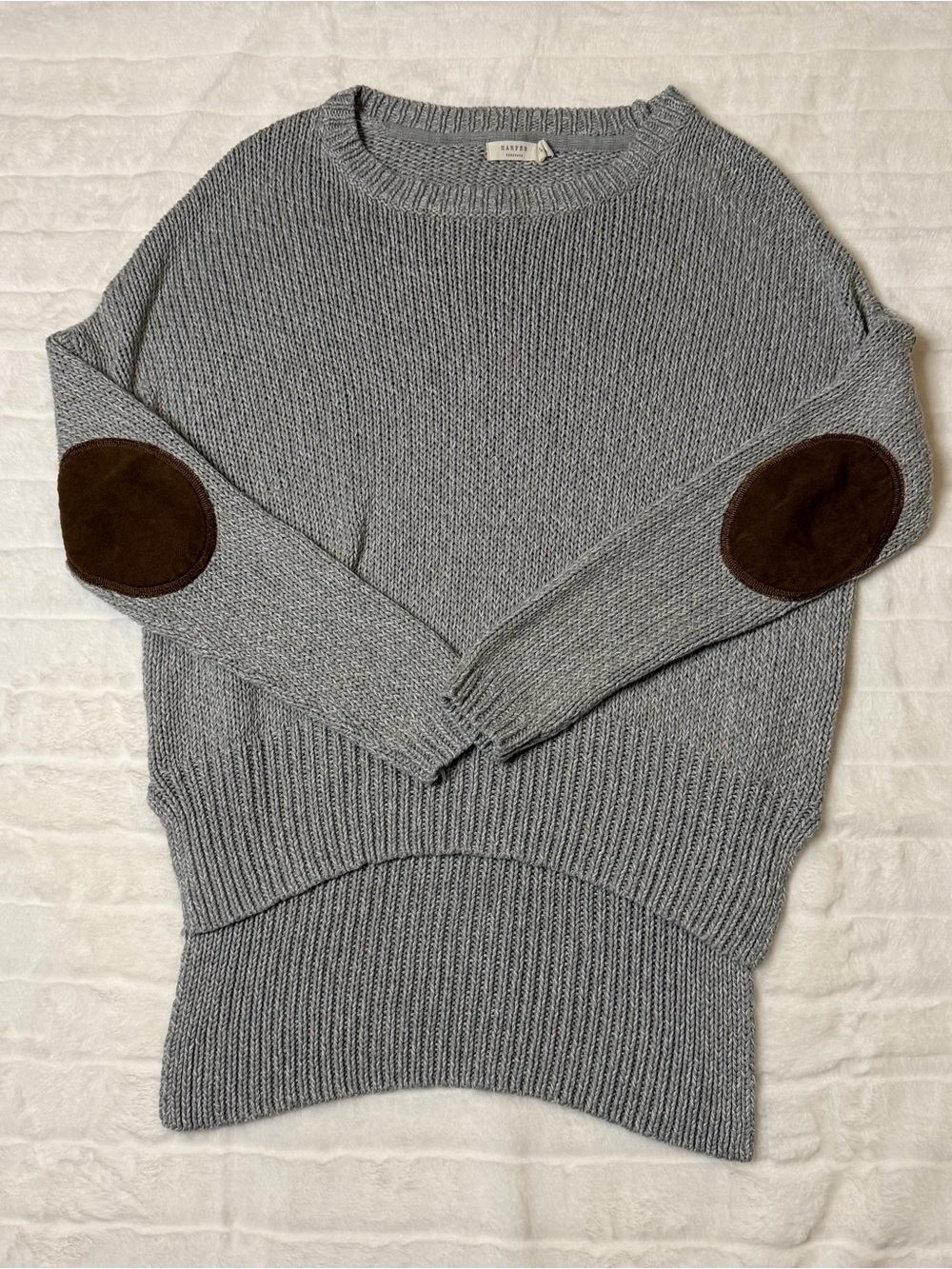 Harper Heritage Gray Knit Sweater Brown Suede Elbow Patches